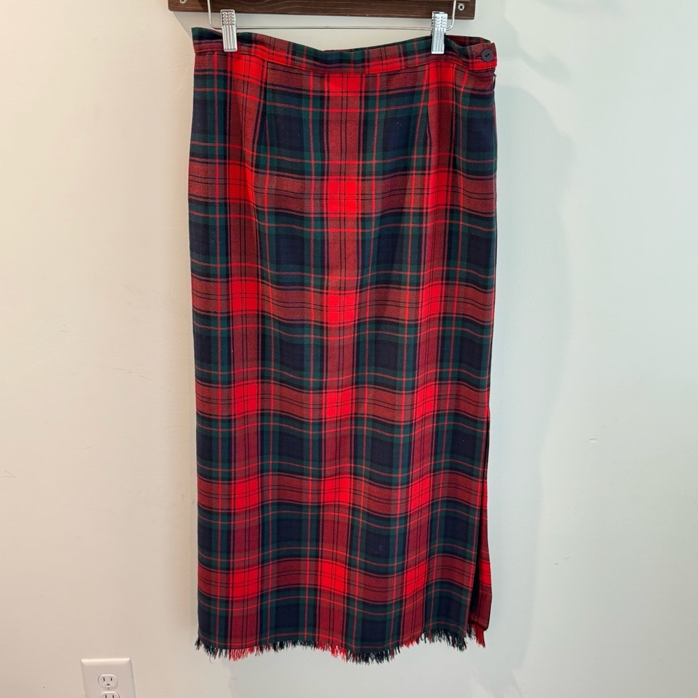 Vintage Rafella 100% Wool Tartan Plaid Fringe Trim Wrap Maxi Skirt Size‎ 12